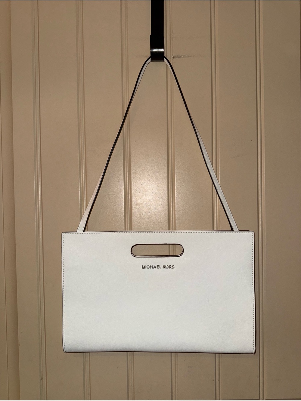 Michael Kors Tilda White Saffiano Leather Large Clutch Bag With Strap